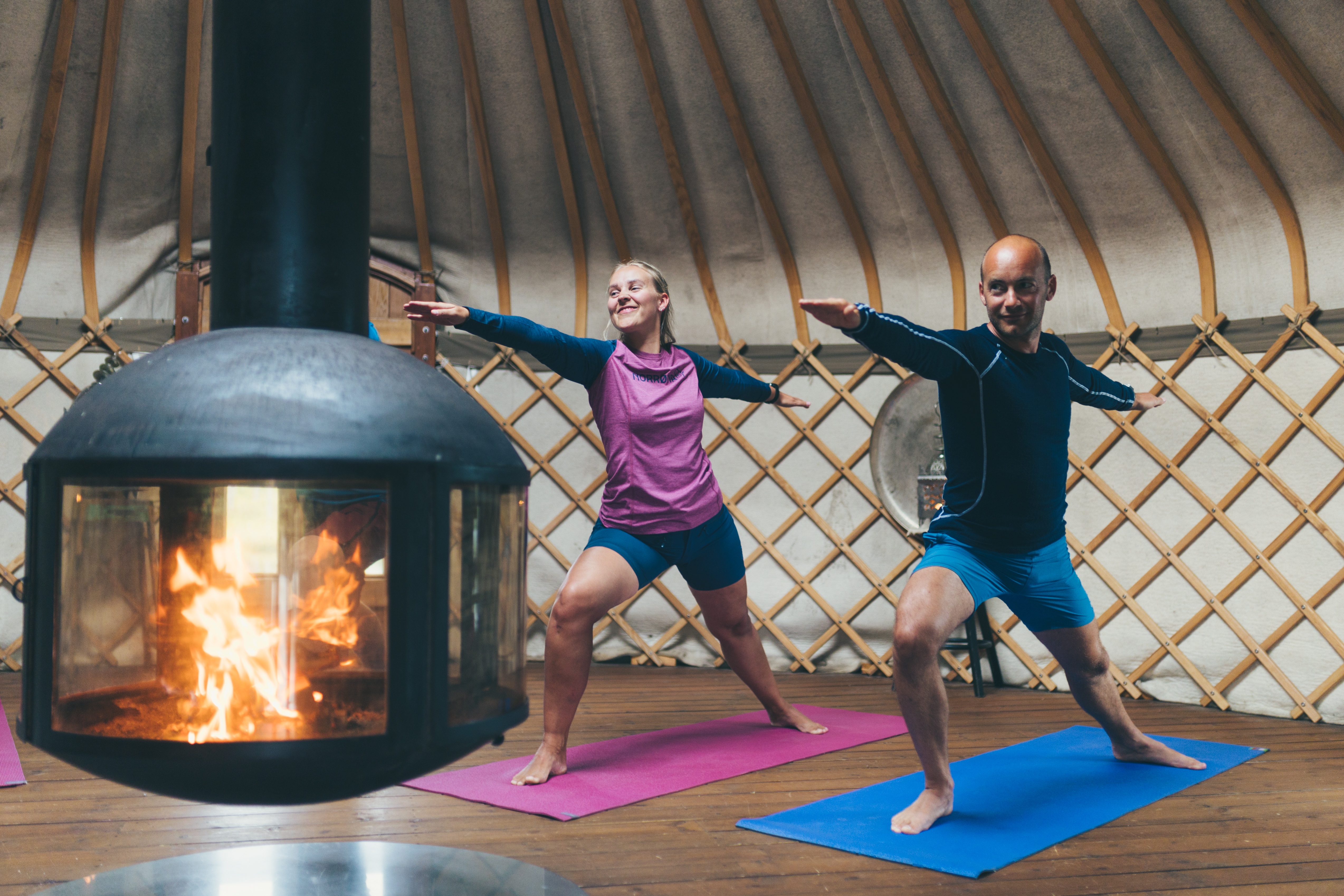 People doing fireside yoga 