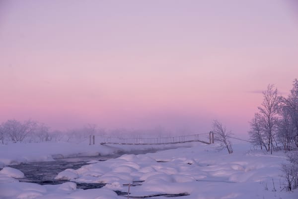 A snowy winter landscape at dusk with a gentle pink and purple sky, a frozen river, and snow-covered trees.