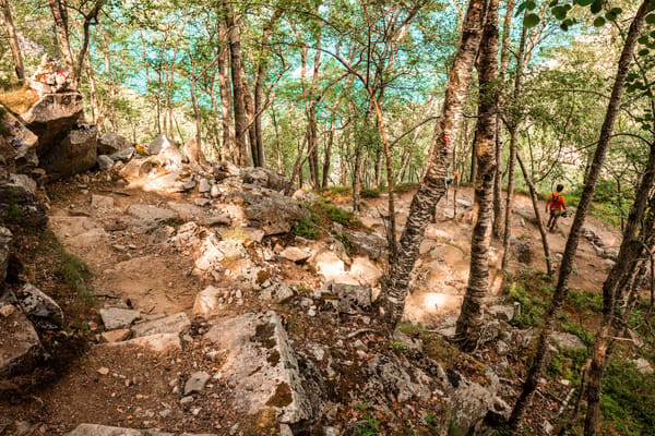A hiker hiking down towards a fjord on a rocky trail.