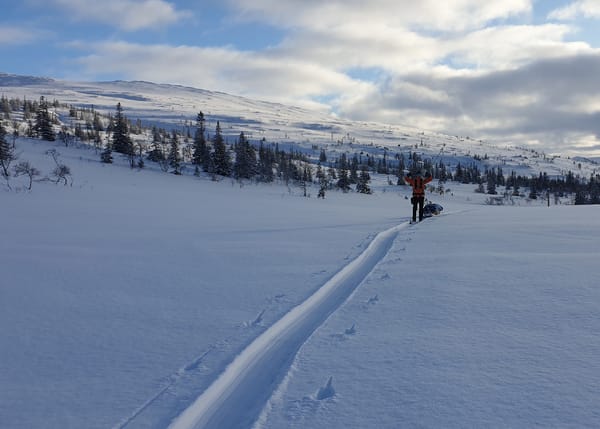 A person on backcountry cross-country skis and pulk in a wide snowy landscape with mountains in the background under a partly cloudy sky.