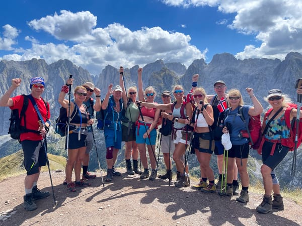 A large group of hikers posing with raised fists on a mountain summit, with a dramatic mountain range in the background.