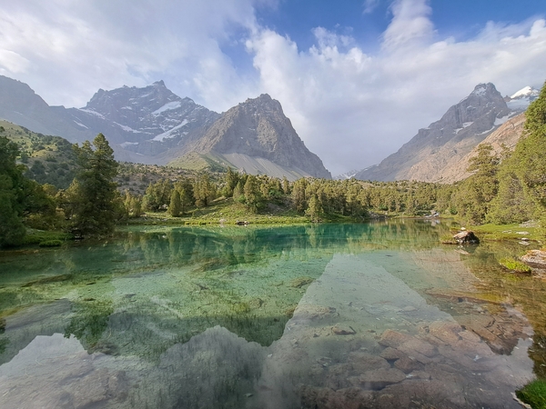 A crystal-clear, emerald-green alpine lake reveals its rocky bottom while reflecting a thick pine forest and towering, snow-dusted mountains under a cloudy sky.