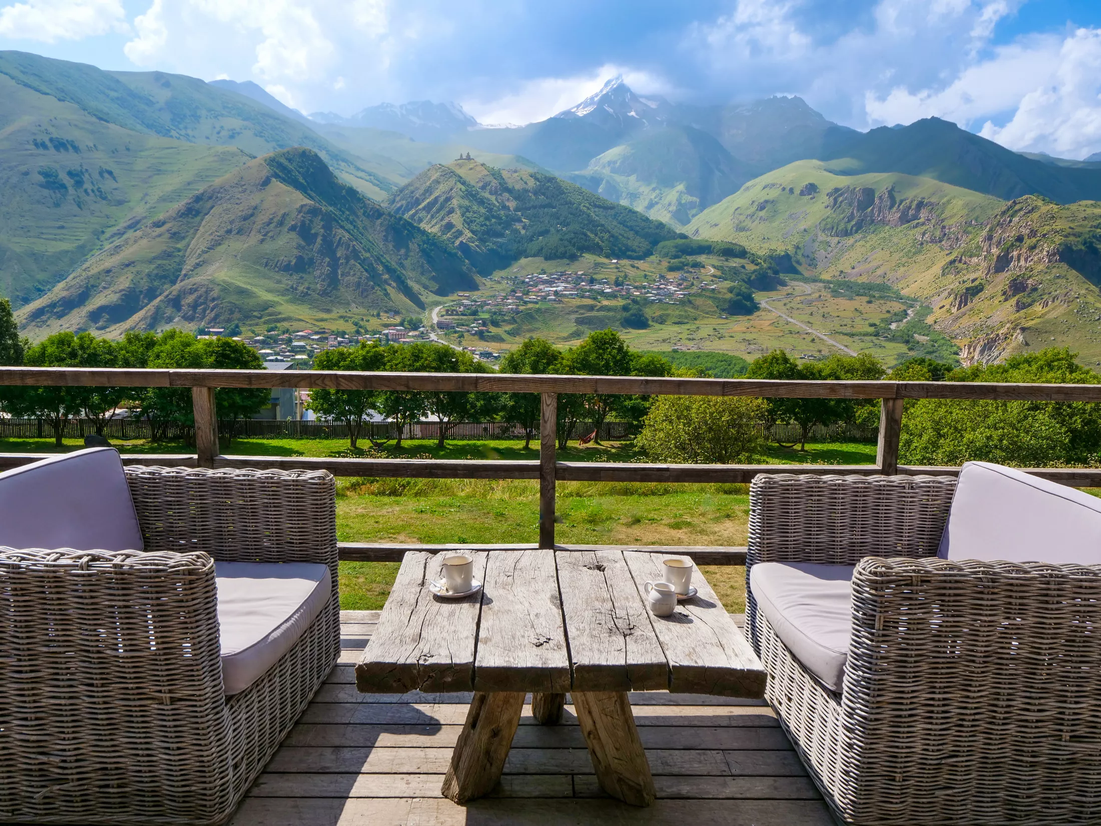 Outdoor patio seating in mountains