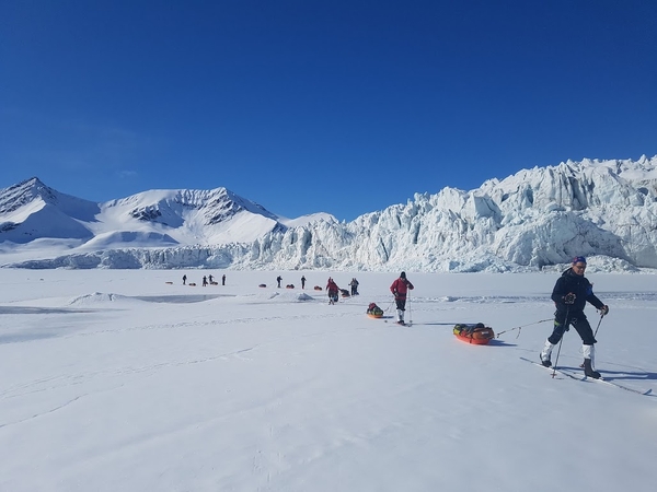 Skiers pull expedition sleds across frozen sea ice in front of a massive, jagged glacier wall under a clear blue sky.