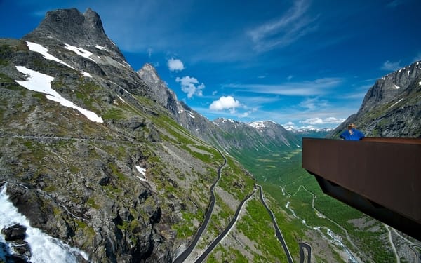 Trollstigen viewing platform with a view of the hairpin turns and mountains in Norway.