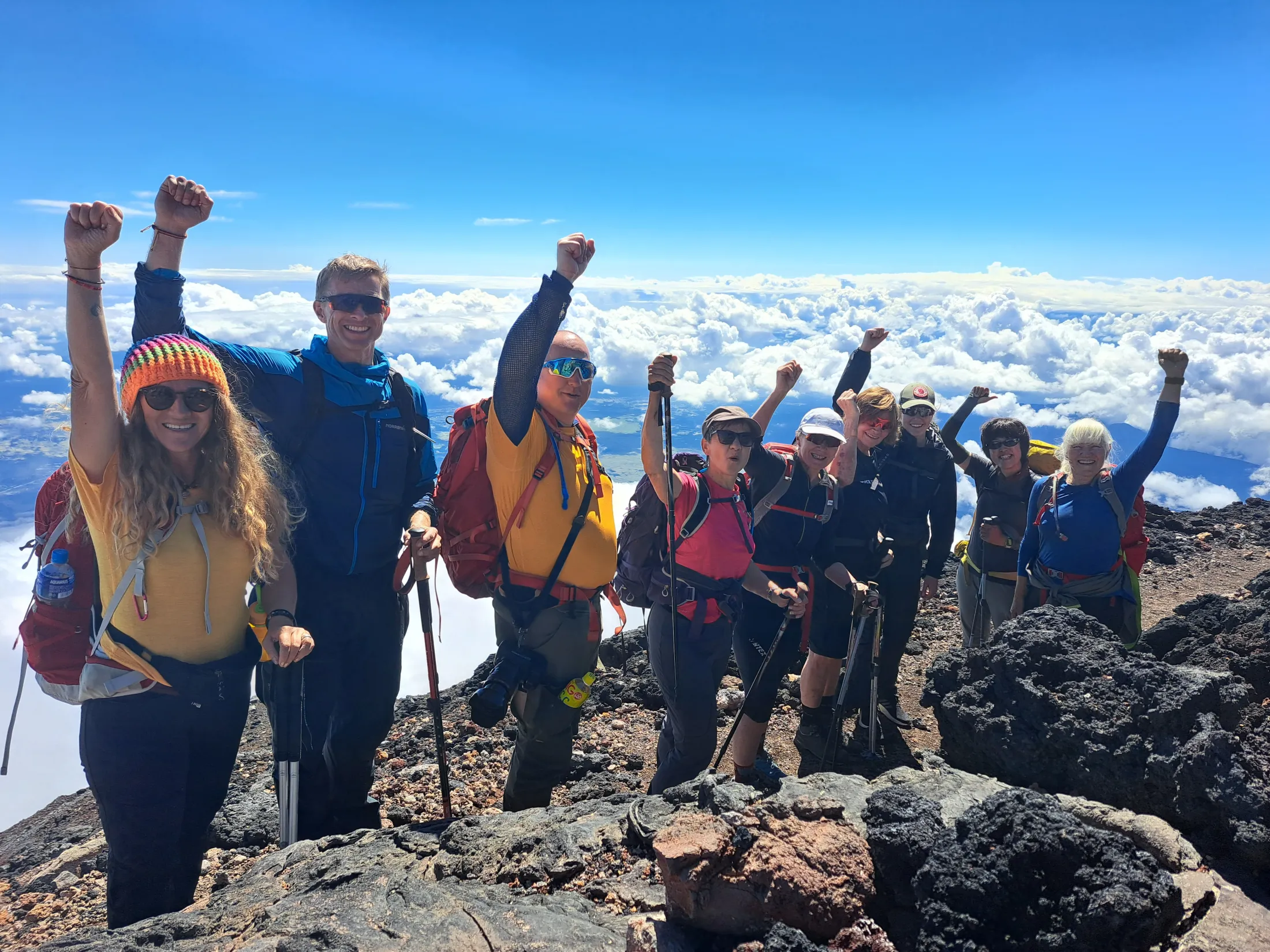 A group of cheerful hikers celebrates on a rocky mountain summit, raising their fists in the air above a vast blanket of white clouds under a clear blue sky.