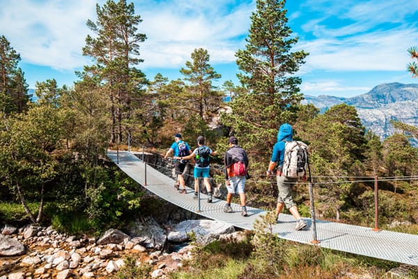 Four hikers walking over a bridge.