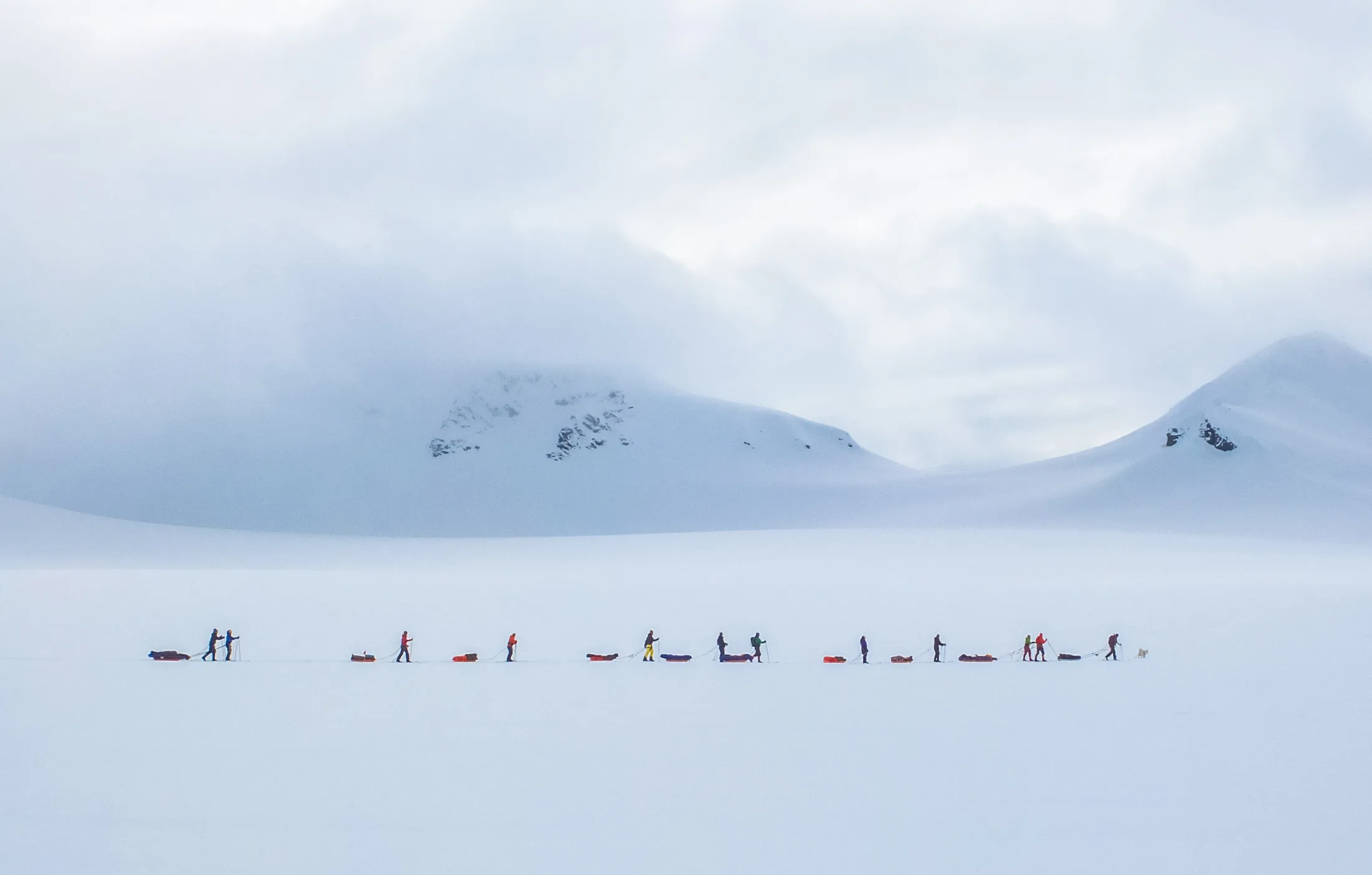 A row of people on skis with sleds on glacier.