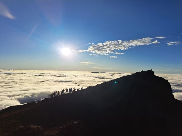 Silhouetted hikers celebrate with raised arms along a mountain ridge overlooking a vast sea of clouds under a brilliant sun.