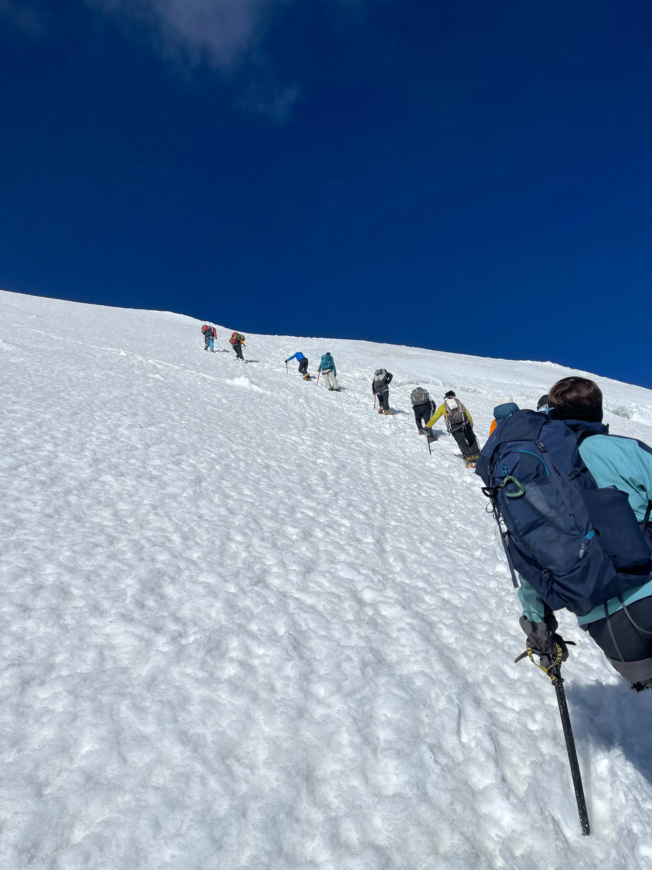 A line of mountaineers carrying backpacks ascends a steep snow slope towards the horizon under a clear, deep blue sky.