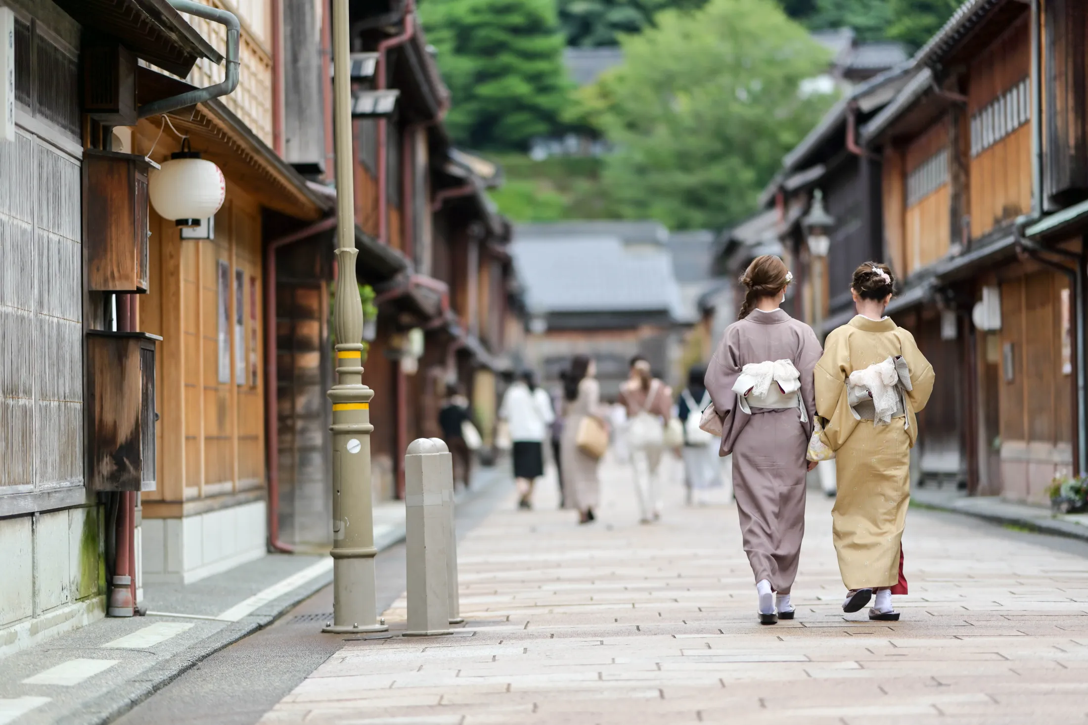 Two women wearing traditional elegant kimonos walk away down a paved street lined with historic wooden buildings in a Japanese town.