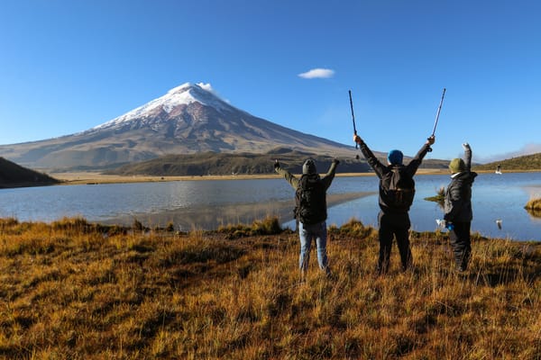 Three hikers stand by a lake, raising their arms in celebration before a snow-capped volcano.