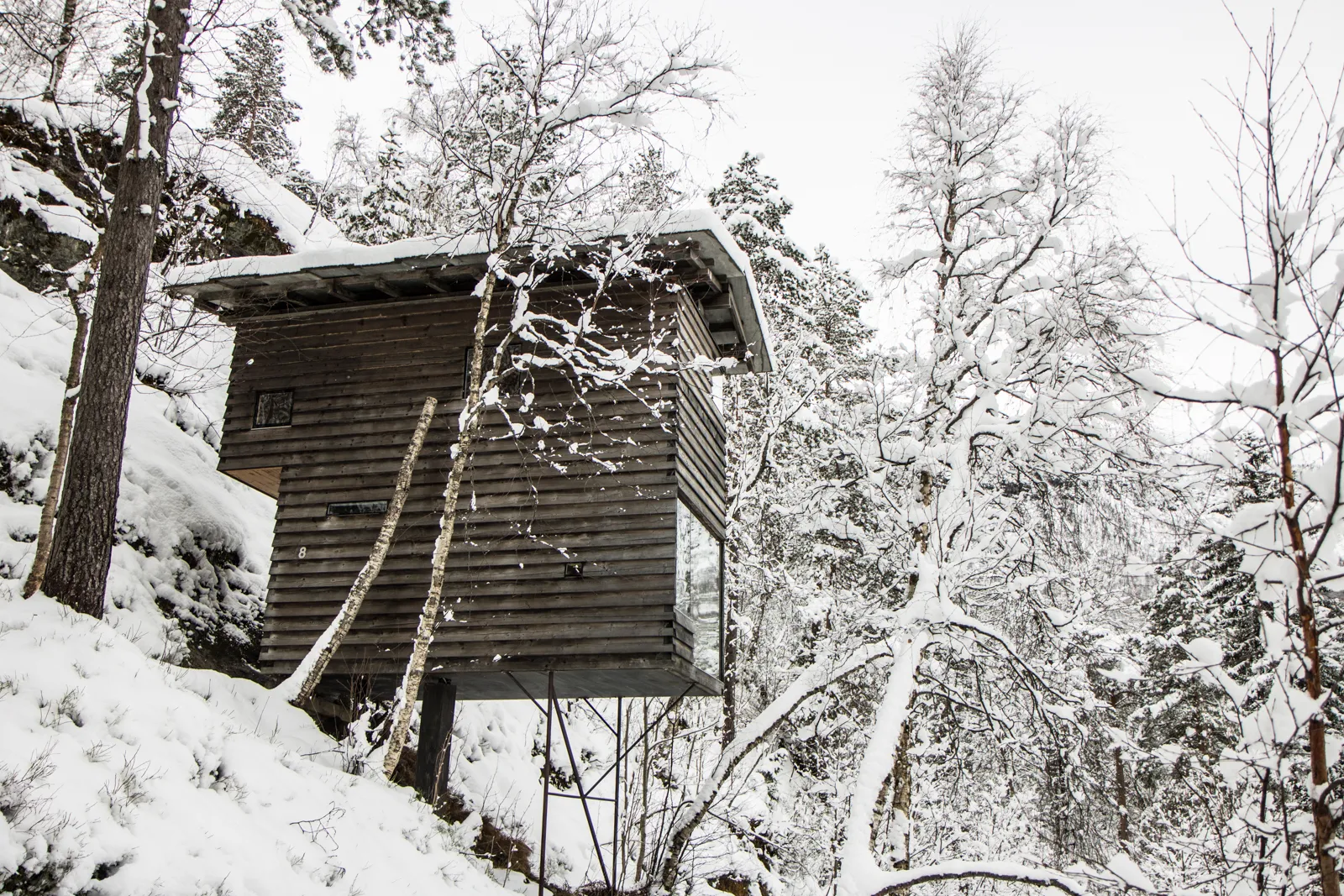 A small wooden treehouse nestled in a snowy forest on a steep slope.