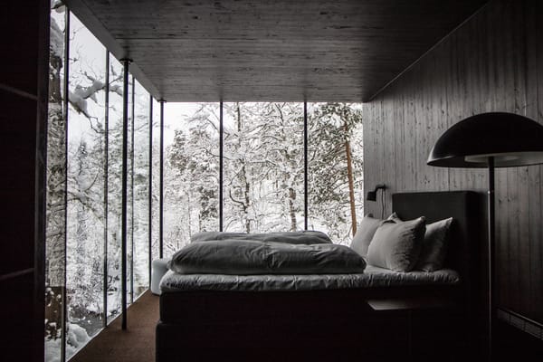 A cozy bedroom with a dark wood interior and a large floor-to-ceiling glass wall framing a snowy winter forest outside.