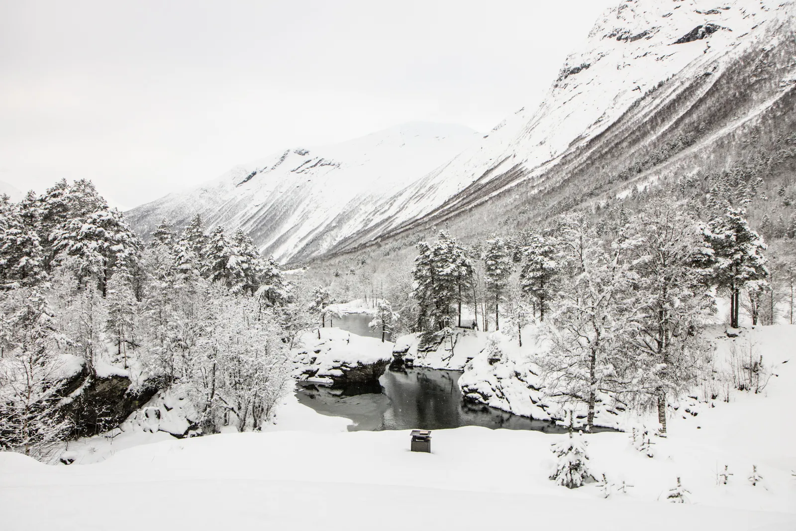 Snowy winter landscape with snow-covered trees and a partially frozen river beneath large, snow-capped mountains under an overcast sky.