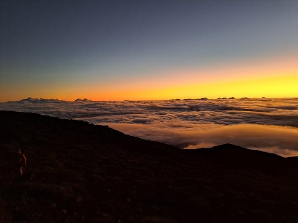 A dark mountain slope looks out over a vast, rolling sea of clouds beneath a vibrant orange and yellow sunrise sky.