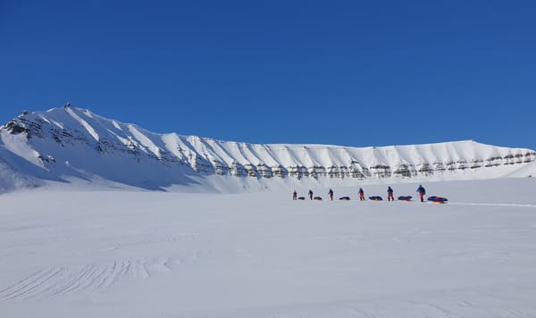 A line of skiers with pulks in a snowy landscape under a clear blue sky, with a snow-covered ridge in the background.