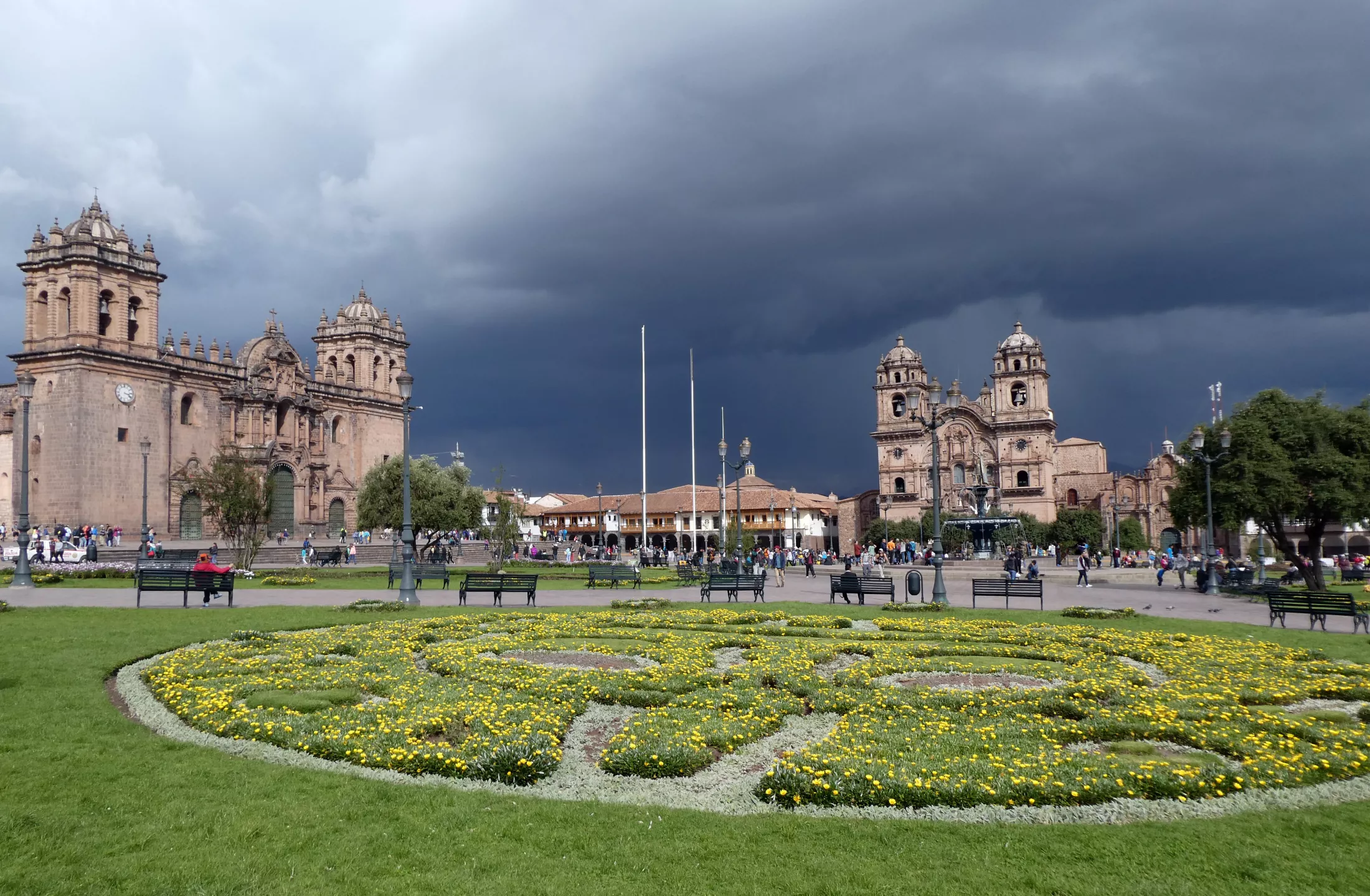 A town square and dark clouds