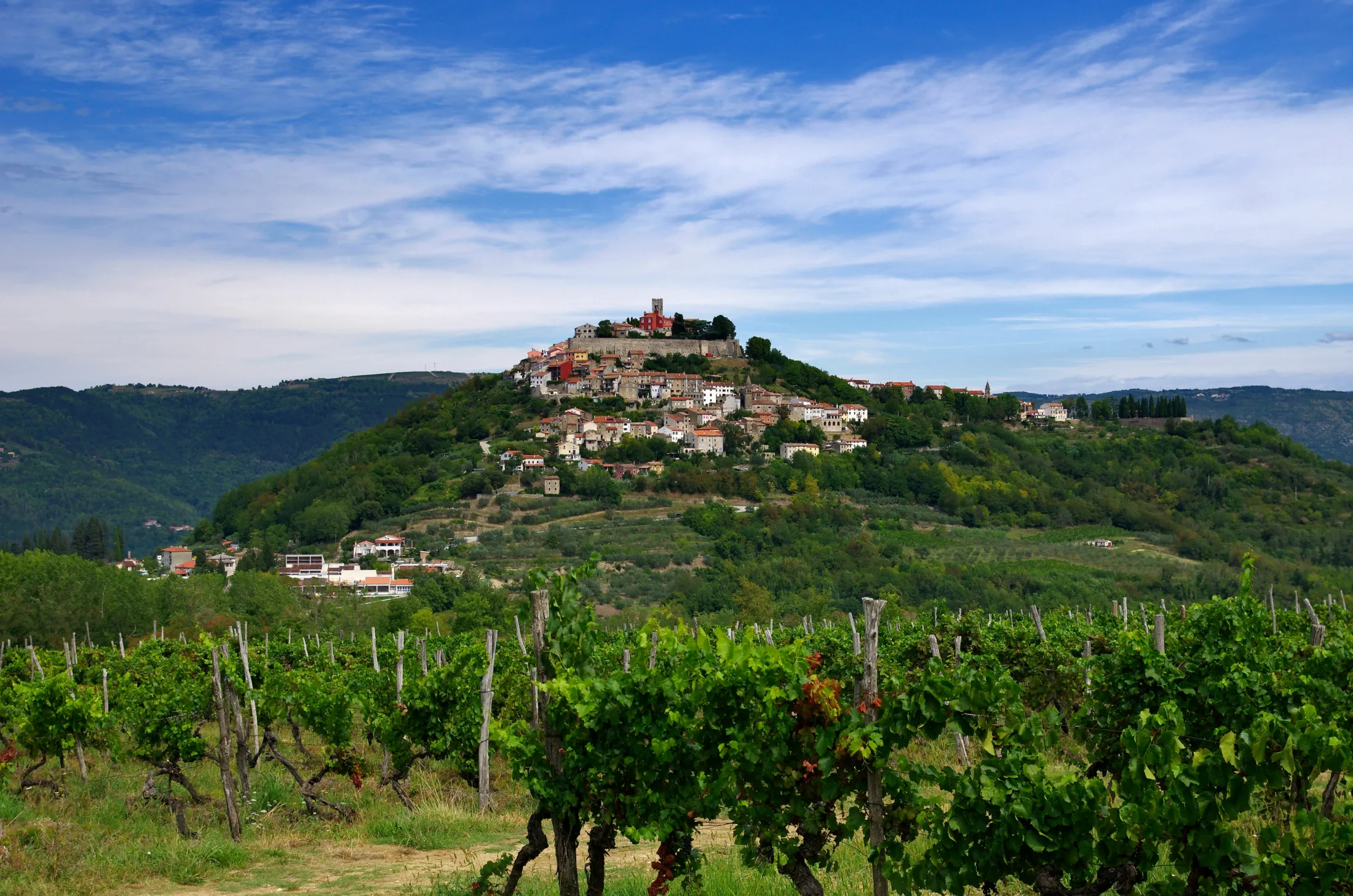 A hill town overlooking a lush vineyard under a partly cloudy blue sky.