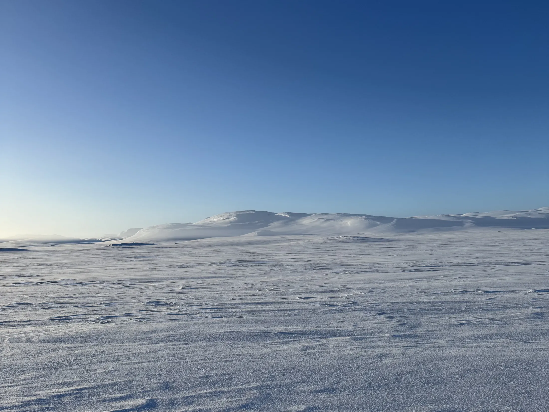 A vast snow-covered landscape under a clear blue sky, with a low mountain ridge on the horizon.