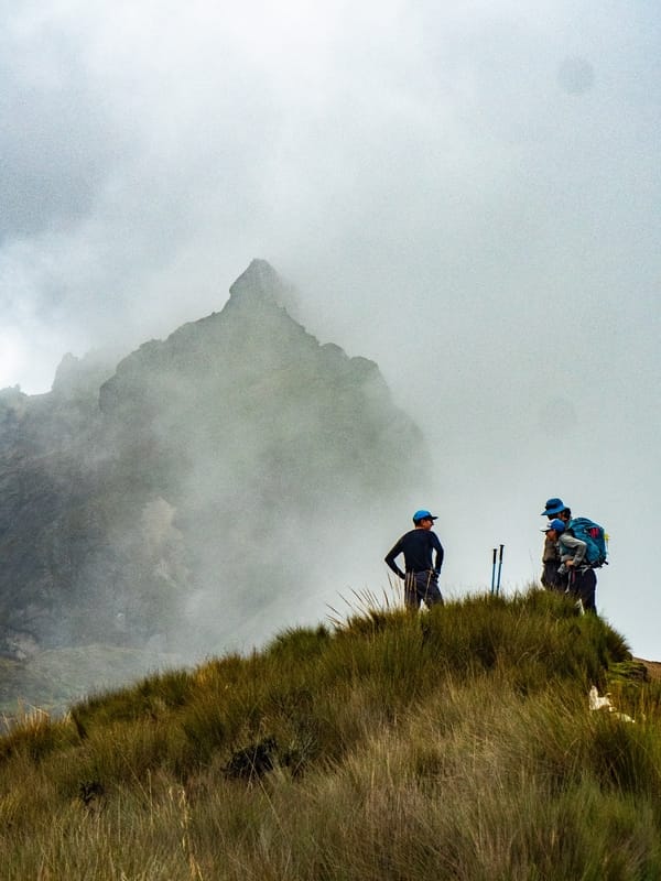 Hikers standing on a grassy hill in front of a misty mountain peak.