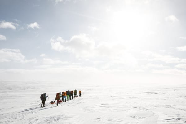 A group of skiers in winter clothing cross a vast, snow-covered landscape under a bright, sunny sky.