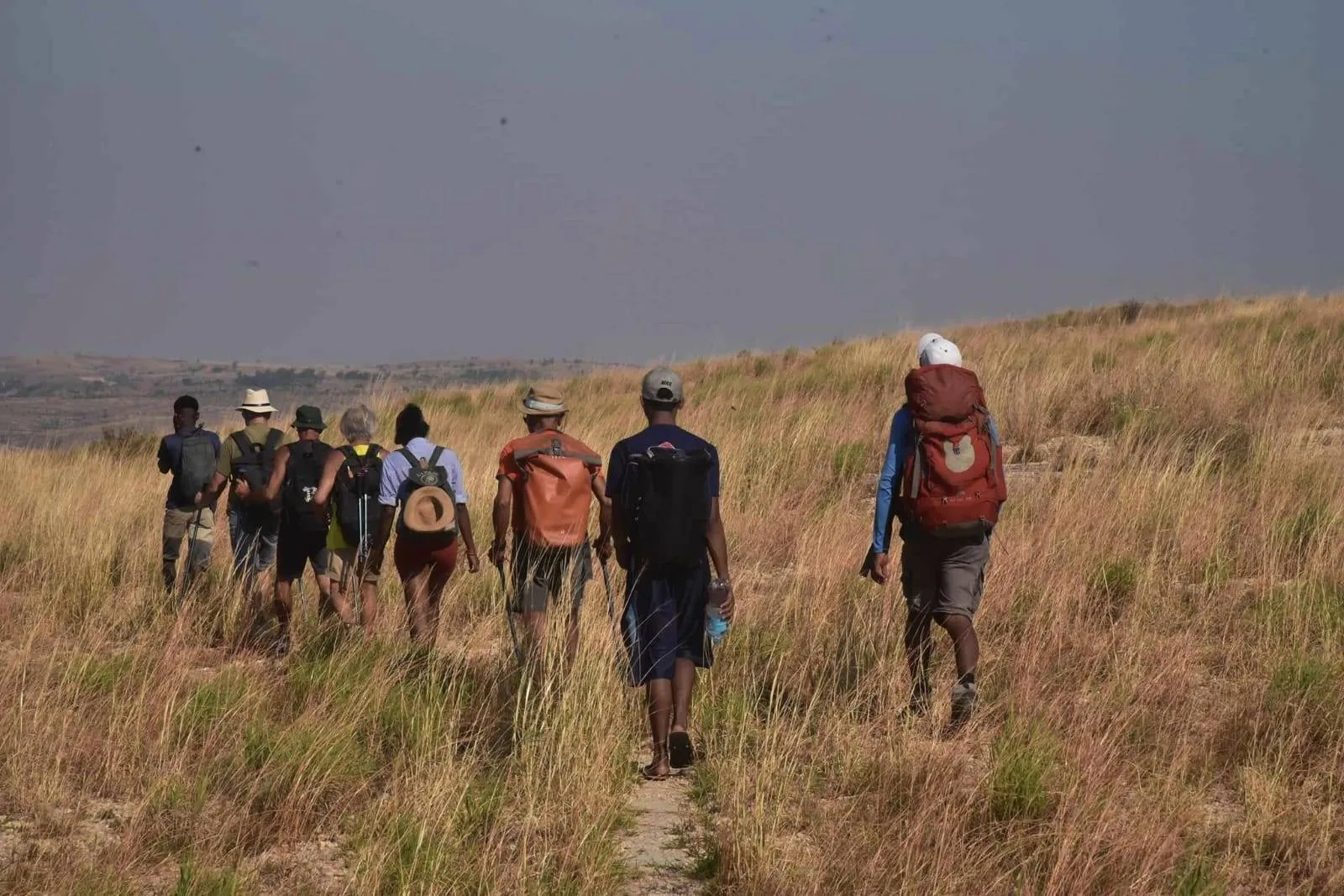 People hiking on a plain.