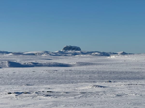 A flat snowy landscape under a clear blue sky, with a dark mountain in the distance.