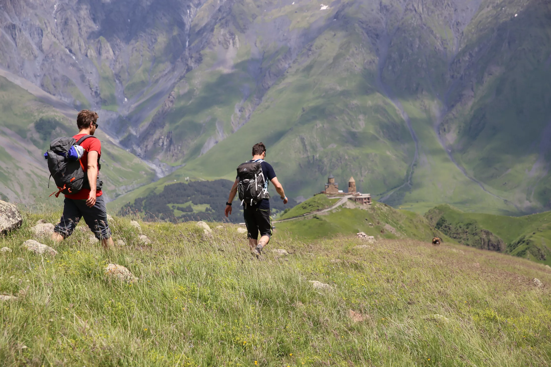 Two people walking through a meadow in the mountains