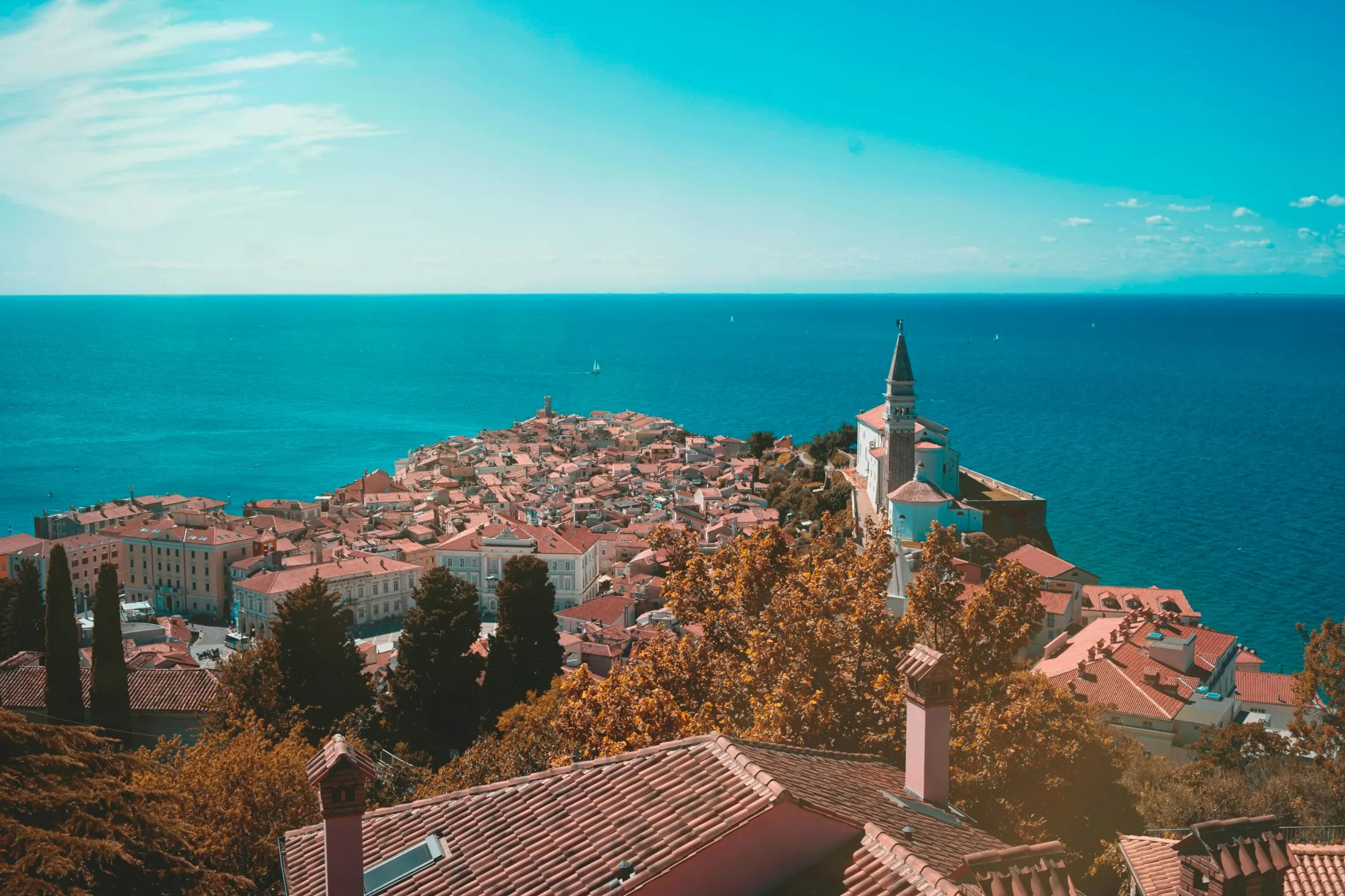 An aerial view of a coastal town with red-roofed buildings next to a vast blue sea under a clear sky.