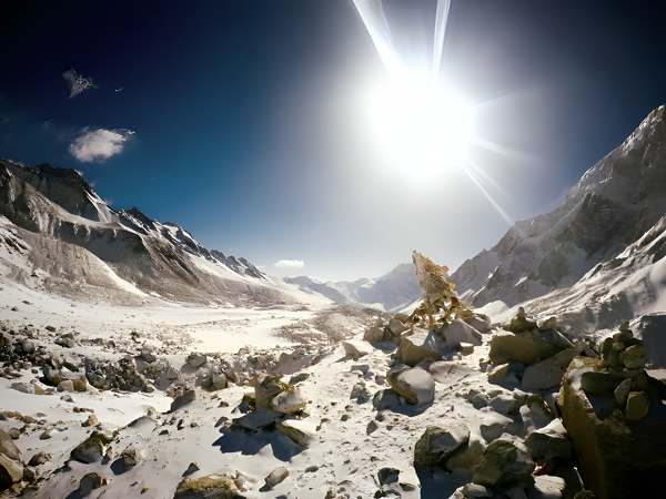 A wide, snow-covered mountain valley opens up under a blazing, intense sun and a deep blue sky.