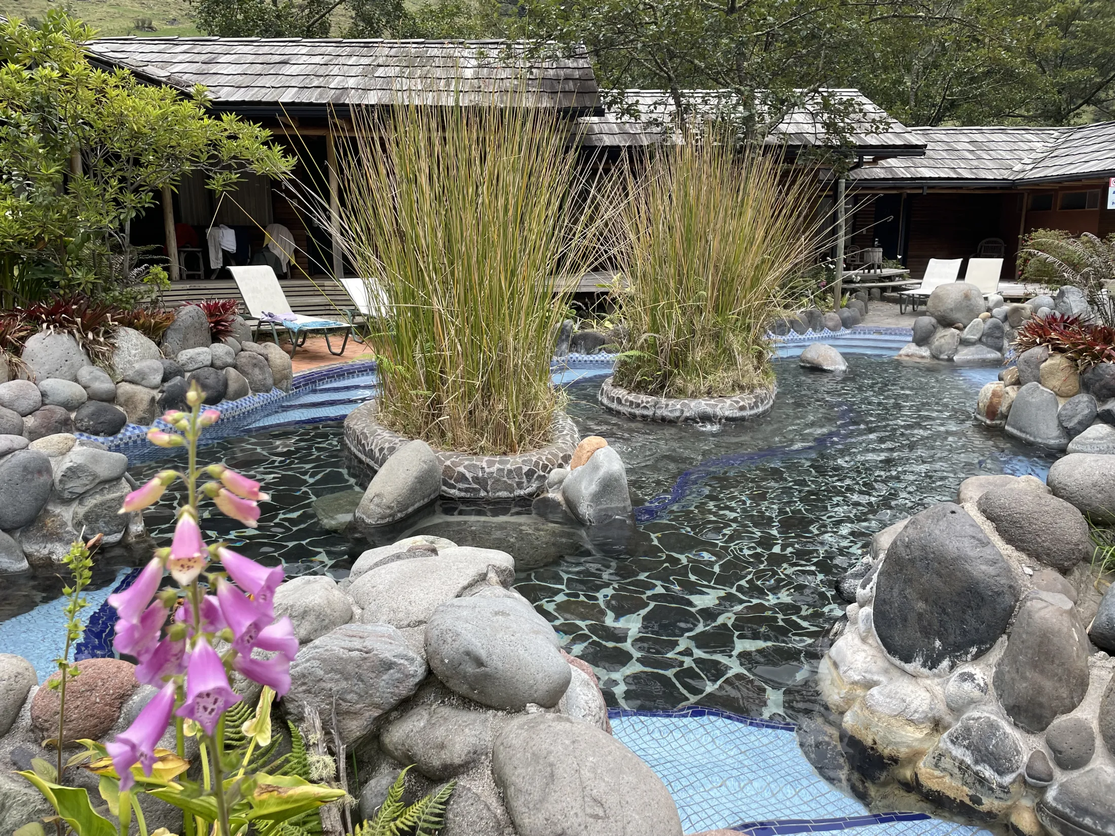 A naturally styled thermal pool with clear water is surrounded by gray rocks, decorative tall grass planters, and wooden cabins with lounge chairs in the background.