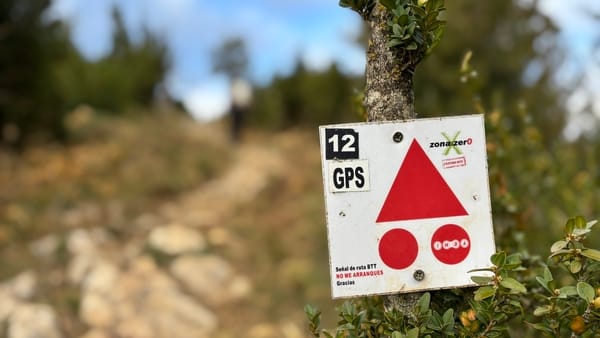 A trail marker with red symbols on a tree next to a hiking path.