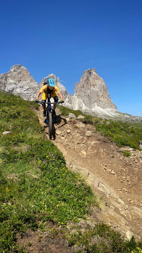 A mountain biker descends a steep dirt path with rocky peaks and clear blue sky in the background.