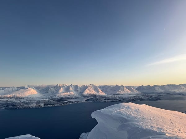 An aerial shot of a snowy mountain range overlooking a deep blue fjord under a clear blue sky.