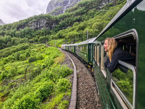 A green train travelling through a lush landscape