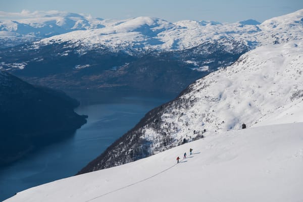 Three skiers climbing a snowy mountain slope overlooking a fjord and distant peaks.