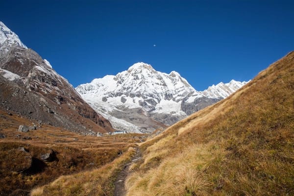 A dirt path snakes through a golden, grassy valley toward a towering, snow-covered mountain massif under a brilliant blue sky with a faint moon visible.