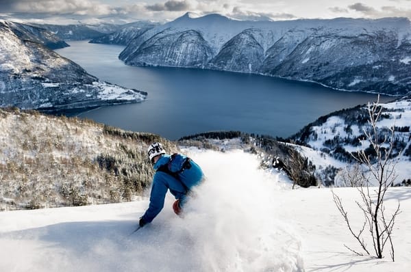A skier in a blue jacket carves through powder snow down a mountainside with a deep blue fjord and snow-covered mountains in the background.