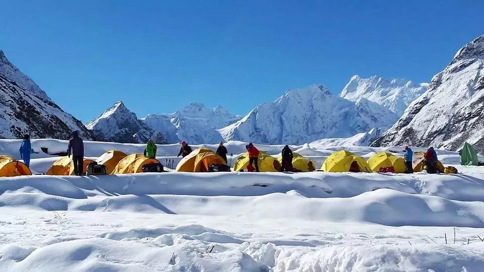 A row of bright yellow tents is pitched on a snowy field with several mountaineers standing outside against a backdrop of majestic, snow-covered mountain peaks under a clear blue sky.