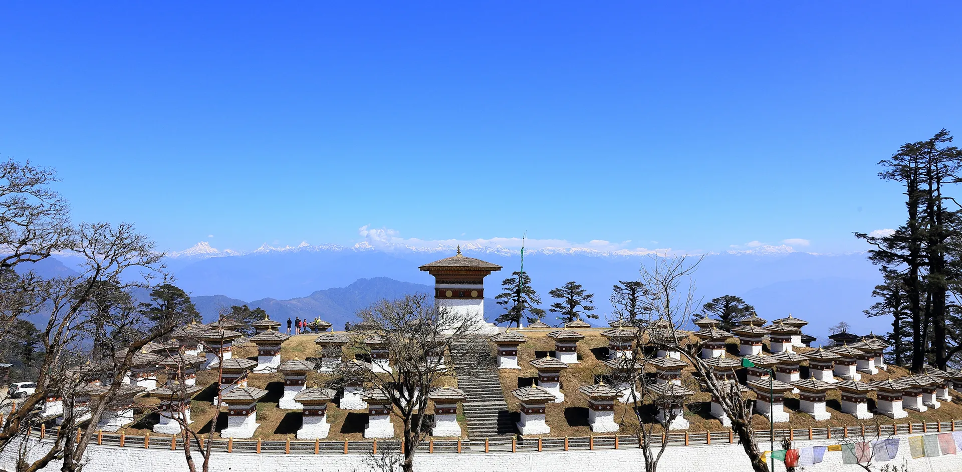 The 108 Dochula Pass chortens lined up on a grassy hill with snow-covered Himalayan peaks on the horizon under a bright blue sky.
