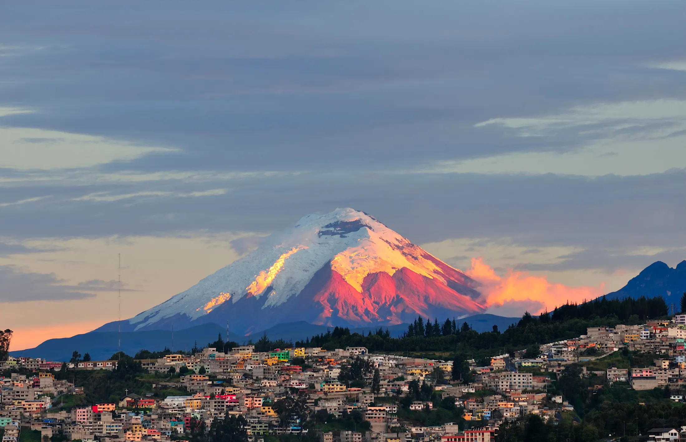 A snow-capped volcano glowing pink at sunset behind a city.
