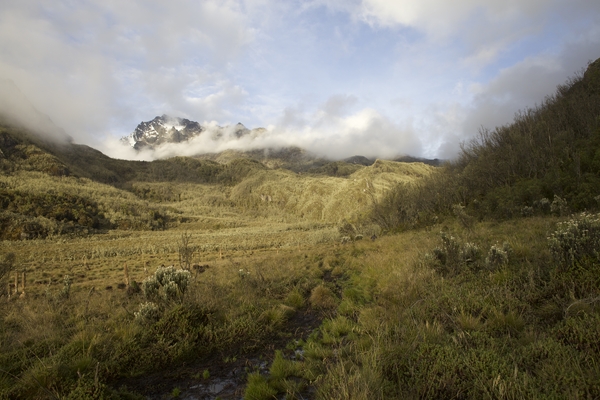 A vast, grassy alpine valley stretches toward rugged mountain peaks partially shrouded in thick white clouds.