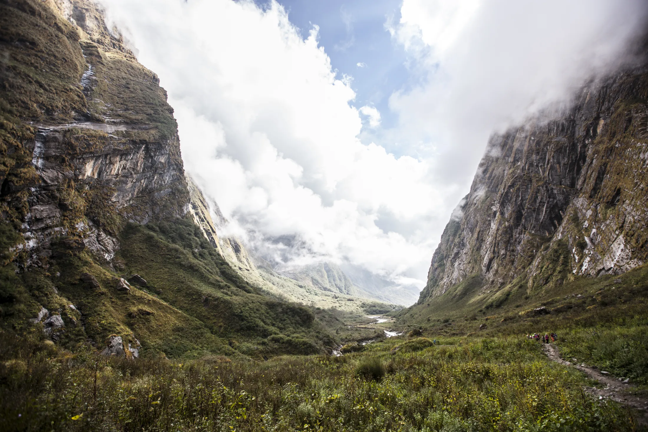 A dirt trail winds through a lush, grassy valley floor flanked by towering, rocky cliffs partially shrouded in thick white clouds under a bright sky.