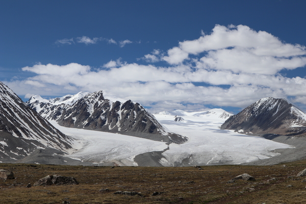 A vast, snow-covered glacier flows between rugged mountain peaks under a bright blue sky filled with fluffy white clouds, viewed from a sparse, rocky plateau in the foreground.