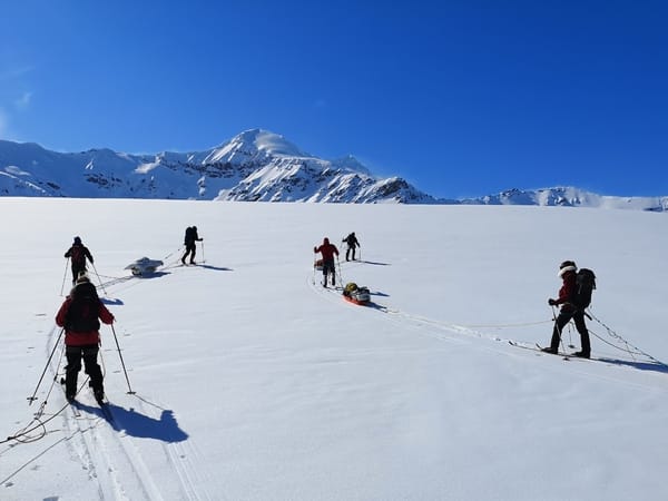 Cross-country skiers touring across a vast snow-covered plain beneath a clear blue sky, with mountain peaks in the distance.