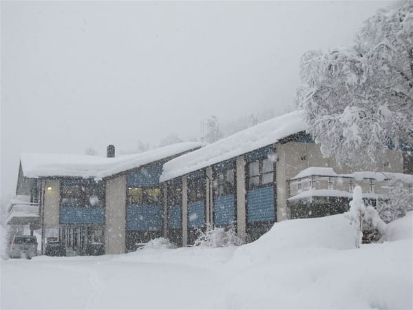 A modern building in a snowy landscape during a snowstorm.