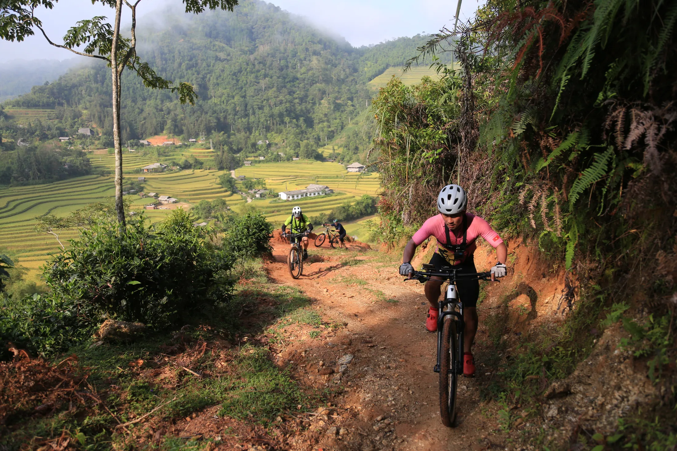 A mountain biker cycling down a steep, muddy trail in a lush green valley.