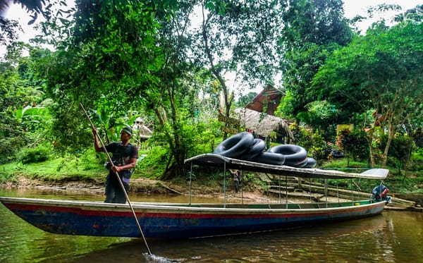 A man navigates a long boat with a pole down a river, carrying large black inner tubes on its roof toward a jungle eco-lodge.