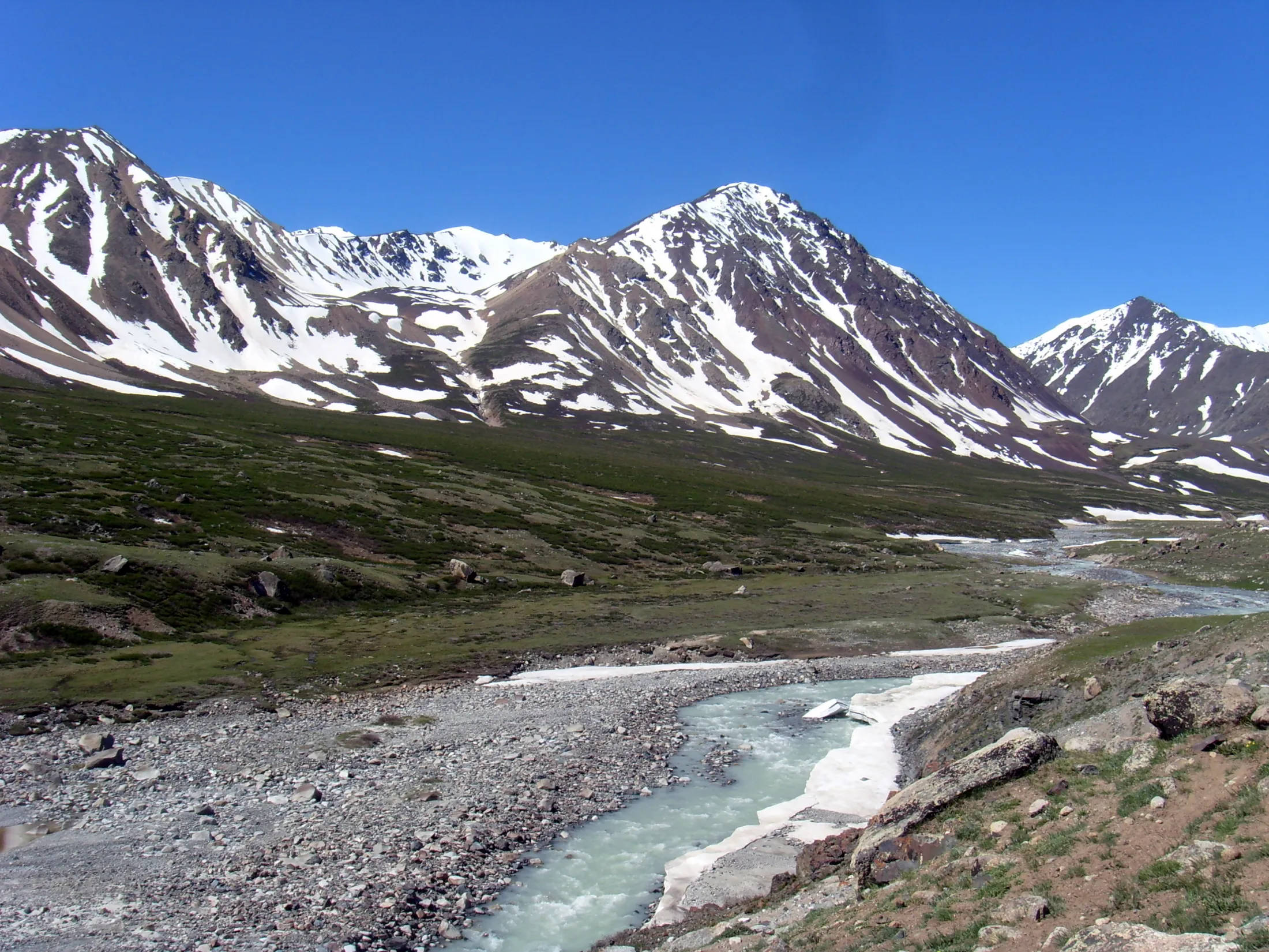 A glacial river flows through a wide, rocky valley at the foot of rugged mountains with patches of melting snow under a clear blue sky.